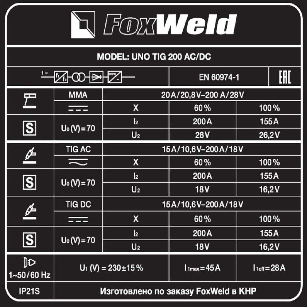 Инвертор для аргонодуговой сварки FOXWELD UNO TIG 200 AC/DC